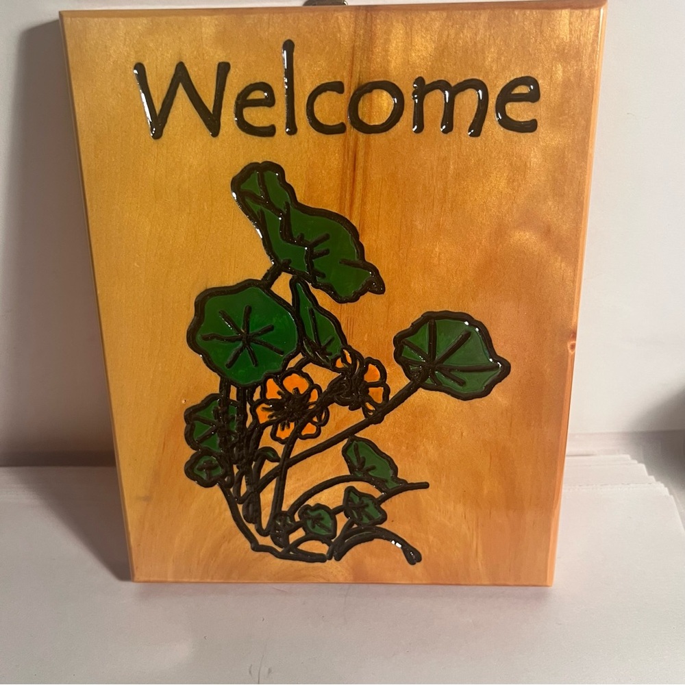 Wooden Handmade Welcome Sign Nasturtiums Painted Flowers